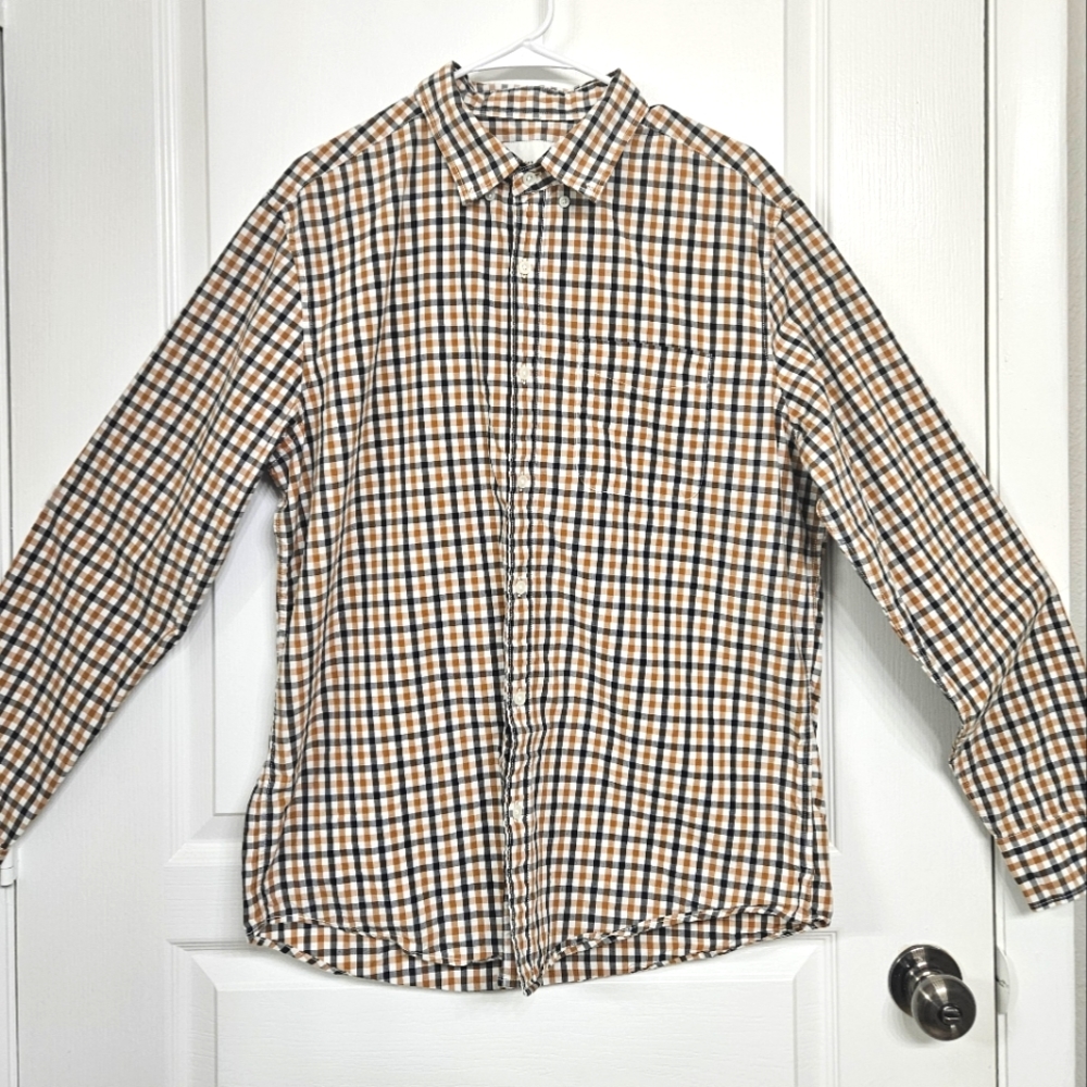 American Eagle men's large plaid long sleeve button down dress shirt black Tan